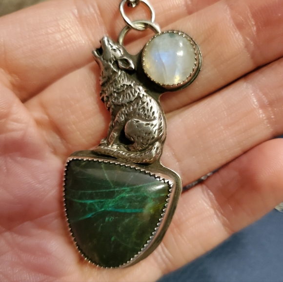 Ooak Etsy Artisan Howling Wolf Moonstone Moon Necklace Sterling Silver Handmade